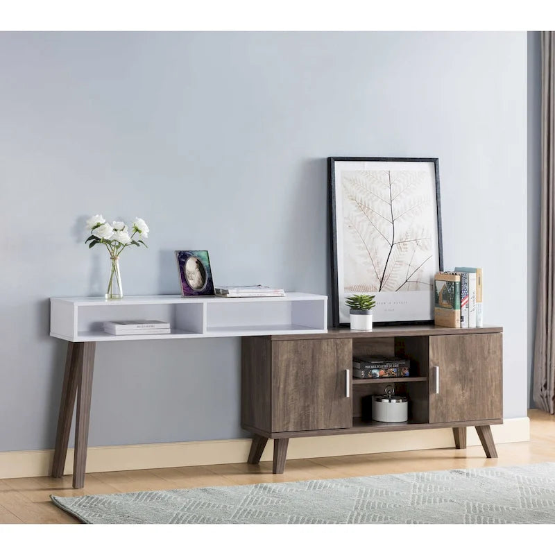 Tavolino console per ingresso con scomparti multi-contenitore, vetrinetta, color nocciola e bianco