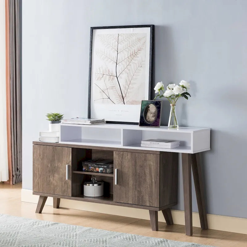Tavolino console per ingresso con scomparti multi-contenitore, vetrinetta, color nocciola e bianco