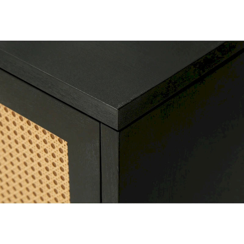 Mobile buffet credenza in rattan nero con pannelli artigianali a grana premium, 4 ante in rattan e ripiani regolabili
