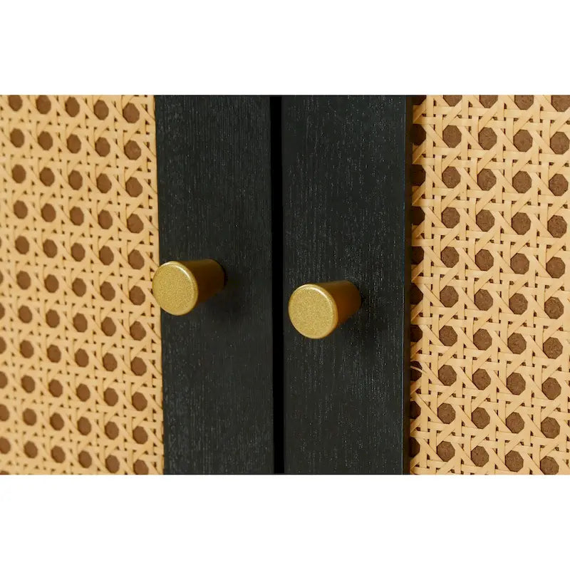 Mobile buffet credenza in rattan nero con pannelli artigianali a grana premium, 4 ante in rattan e ripiani regolabili