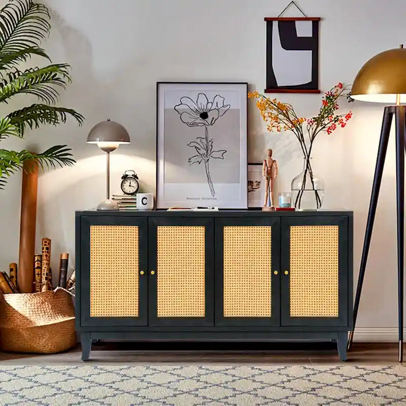 Mobile buffet credenza in rattan nero con pannelli artigianali a grana premium, 4 ante in rattan e ripiani regolabili