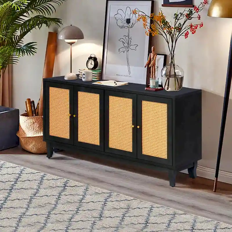 Mobile buffet credenza in rattan nero con pannelli artigianali a grana premium, 4 ante in rattan e ripiani regolabili