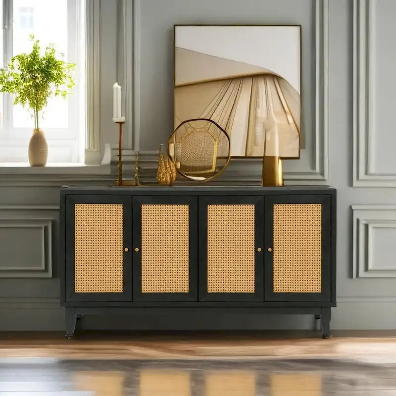 Mobile buffet credenza in rattan nero con pannelli artigianali a grana premium, 4 ante in rattan e ripiani regolabili