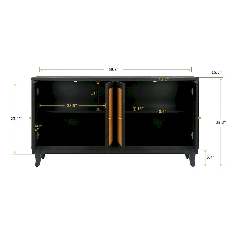 Mobile buffet credenza in rattan nero con pannelli artigianali a grana premium, 4 ante in rattan e ripiani regolabili